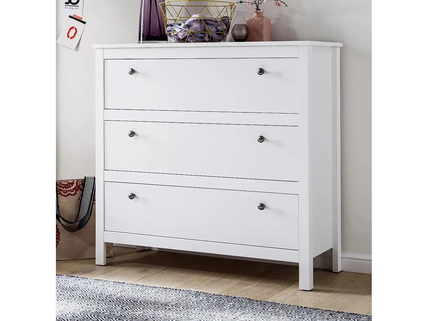 Commode 3 tiroirs mélaminé blanc Leone