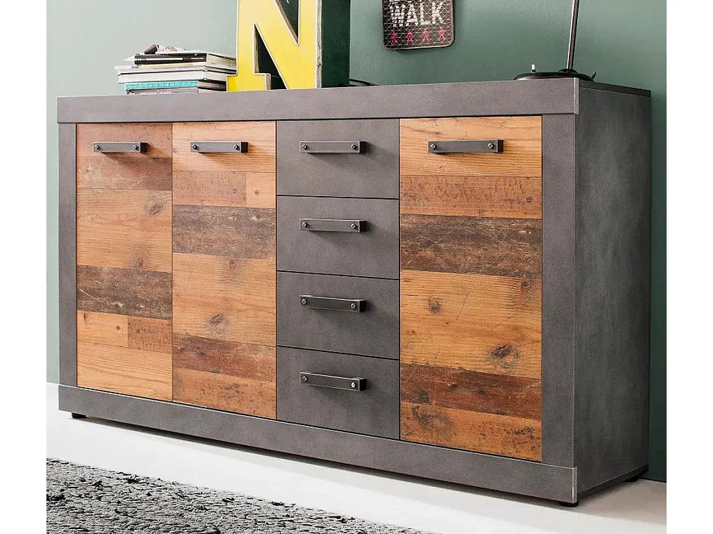 Commode 3 portes 4 tiroirs mélaminé chêne foncé et gris Orcel