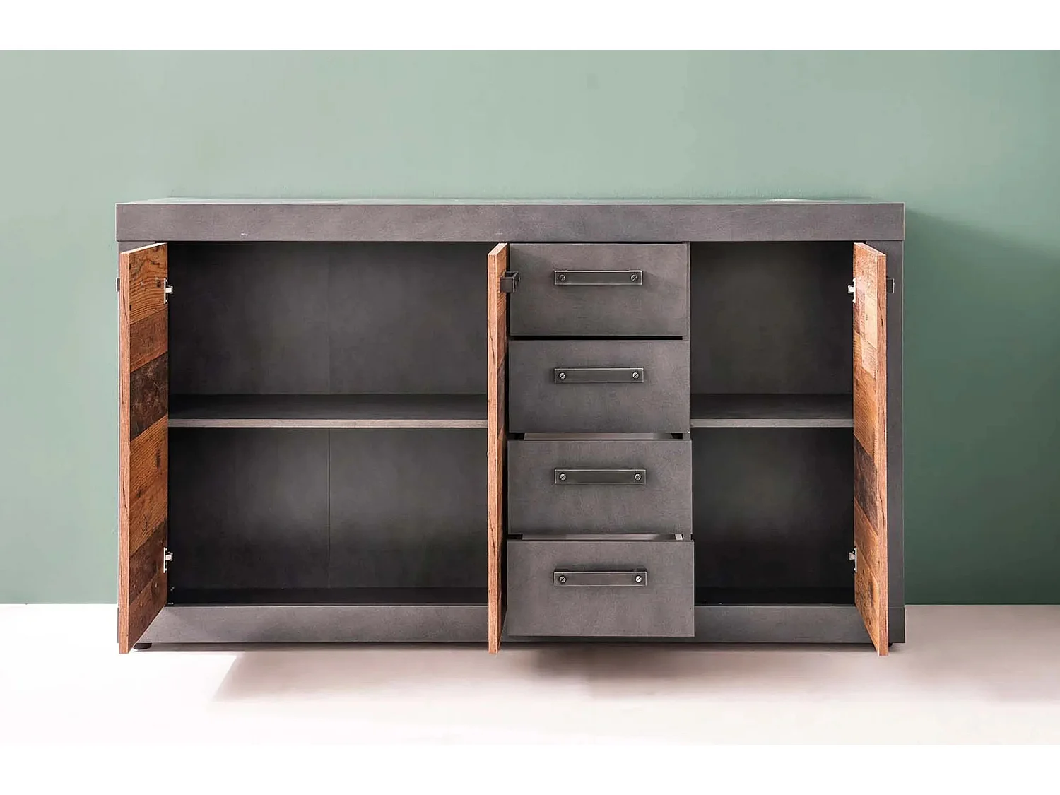 Commode 3 portes 4 tiroirs mélaminé chêne foncé et gris Orcel