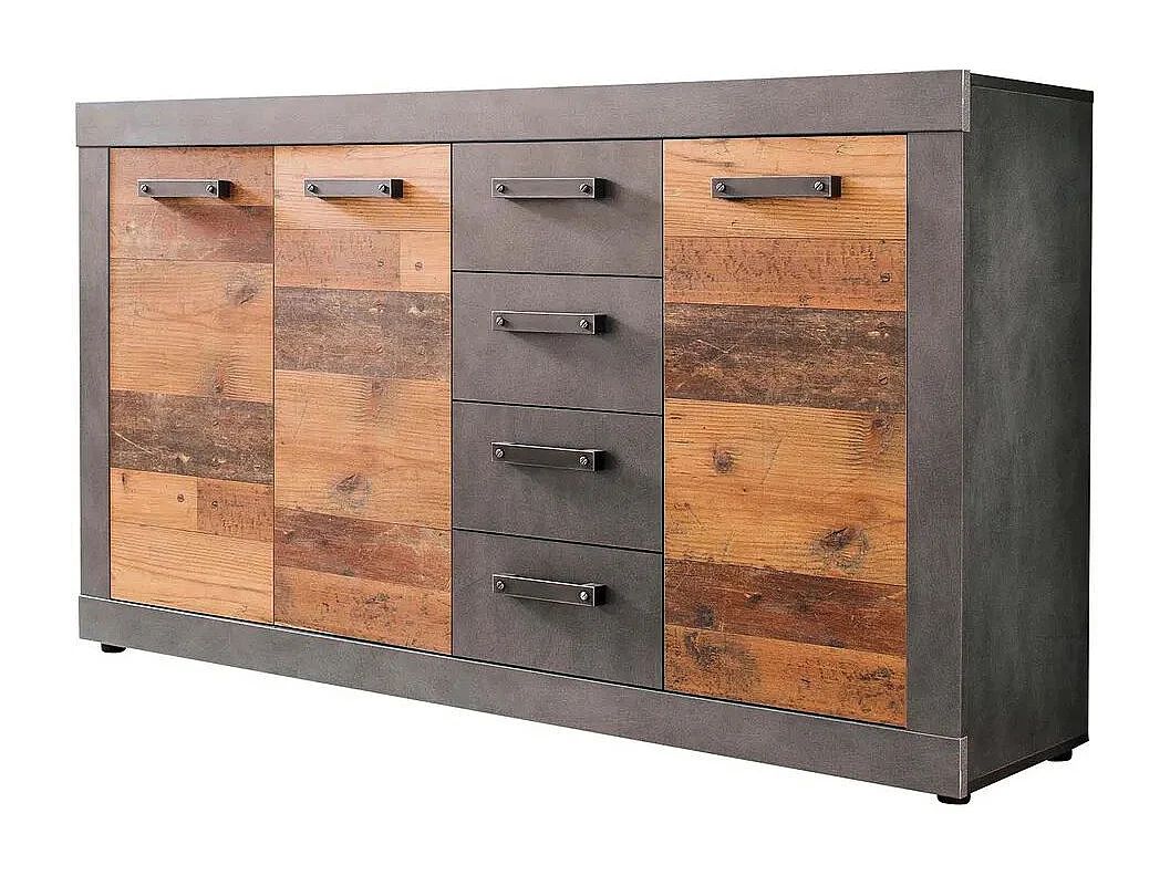 Commode 3 portes 4 tiroirs mélaminé chêne foncé et gris Orcel