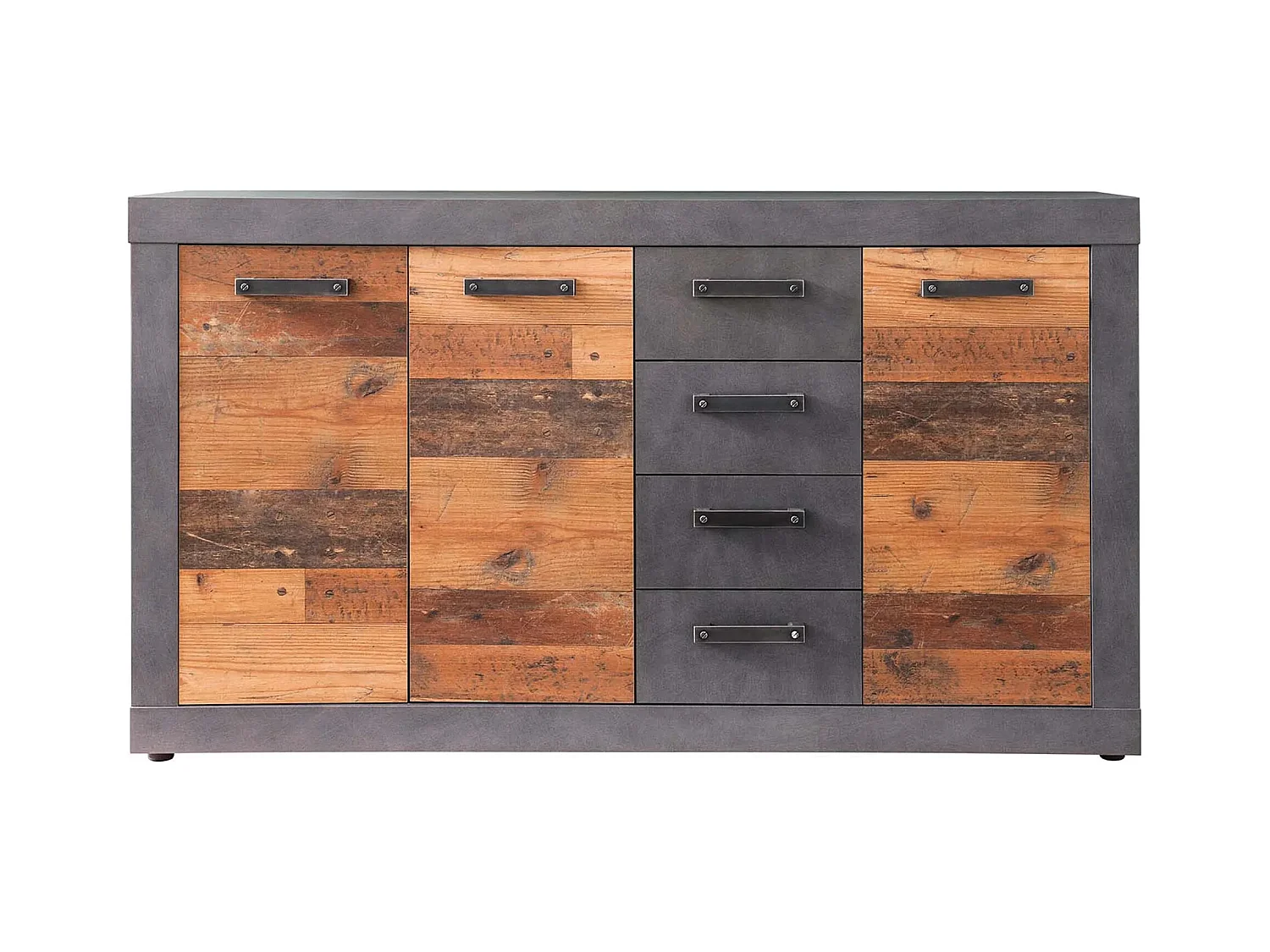 Commode 3 portes 4 tiroirs mélaminé chêne foncé et gris Orcel