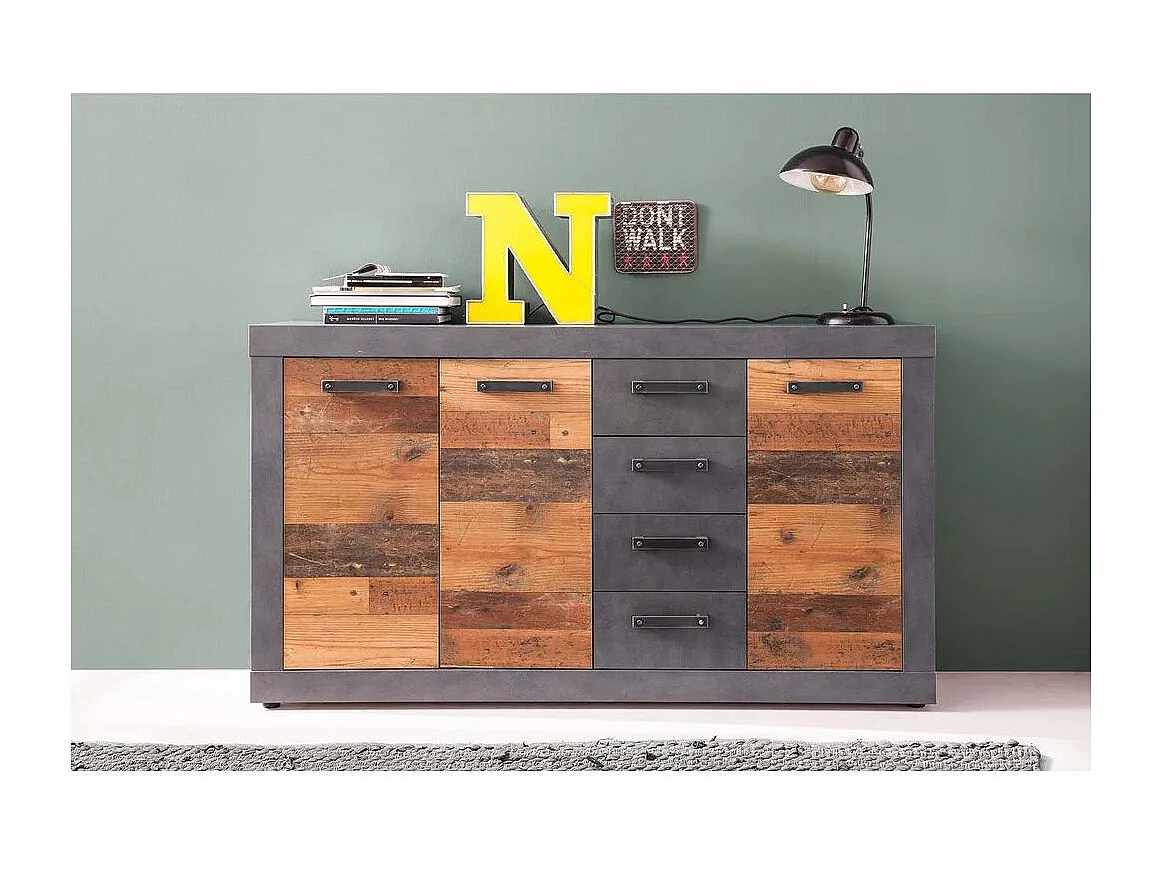 Commode 3 portes 4 tiroirs mélaminé chêne foncé et gris Orcel