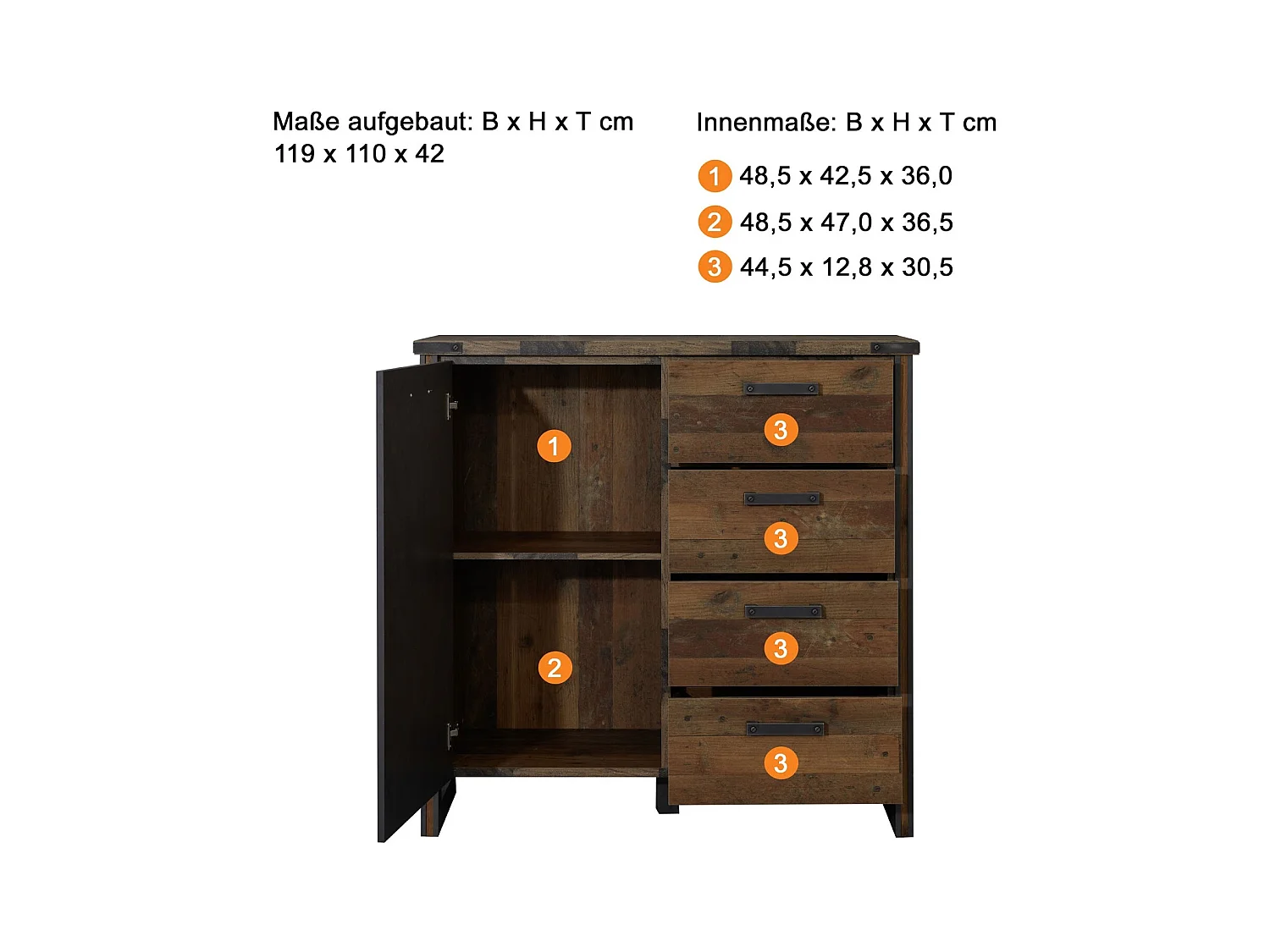 Vintage ladekast 1 deur 4 lades oud versleten en grijs hout met klinknagels