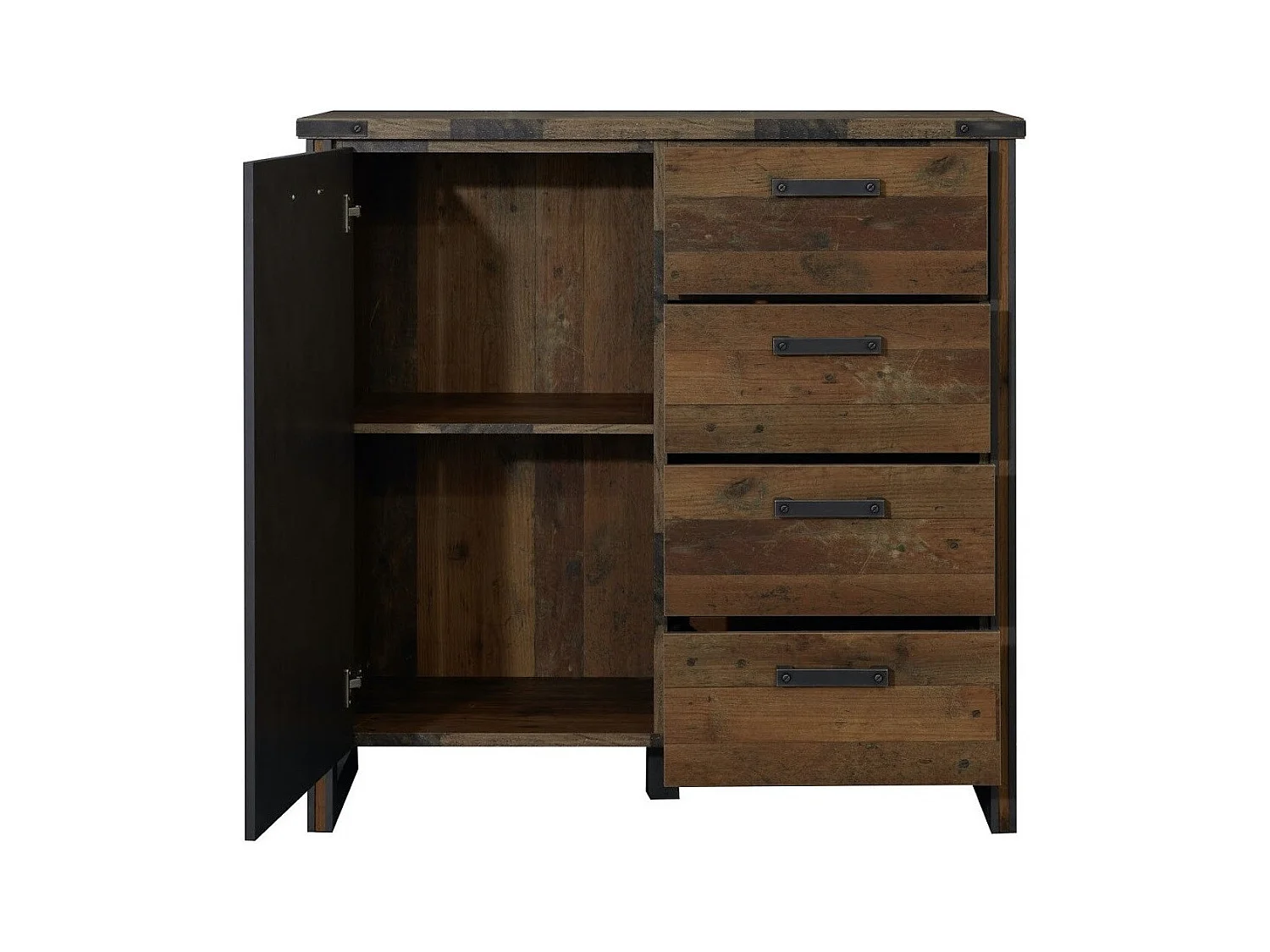 Commode vintage 1 porte 4 tiroirs vieux bois usé et gris avec rivets