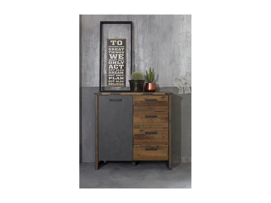 Commode vintage 1 porte 4 tiroirs vieux bois usé et gris avec rivets