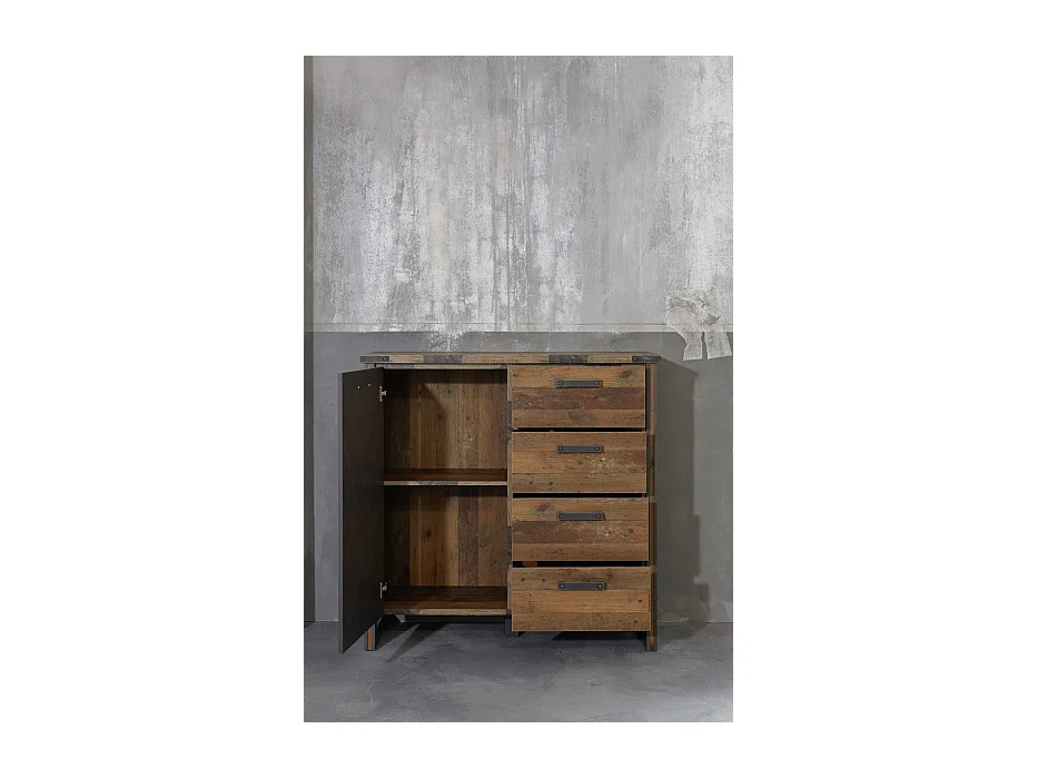Commode vintage 1 porte 4 tiroirs vieux bois usé et gris avec rivets