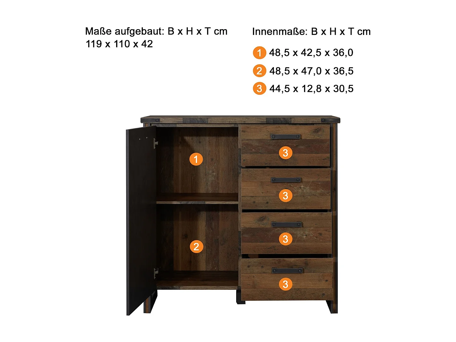 Vintage ladekast 1 deur 4 lades oud versleten en grijs hout met klinknagels