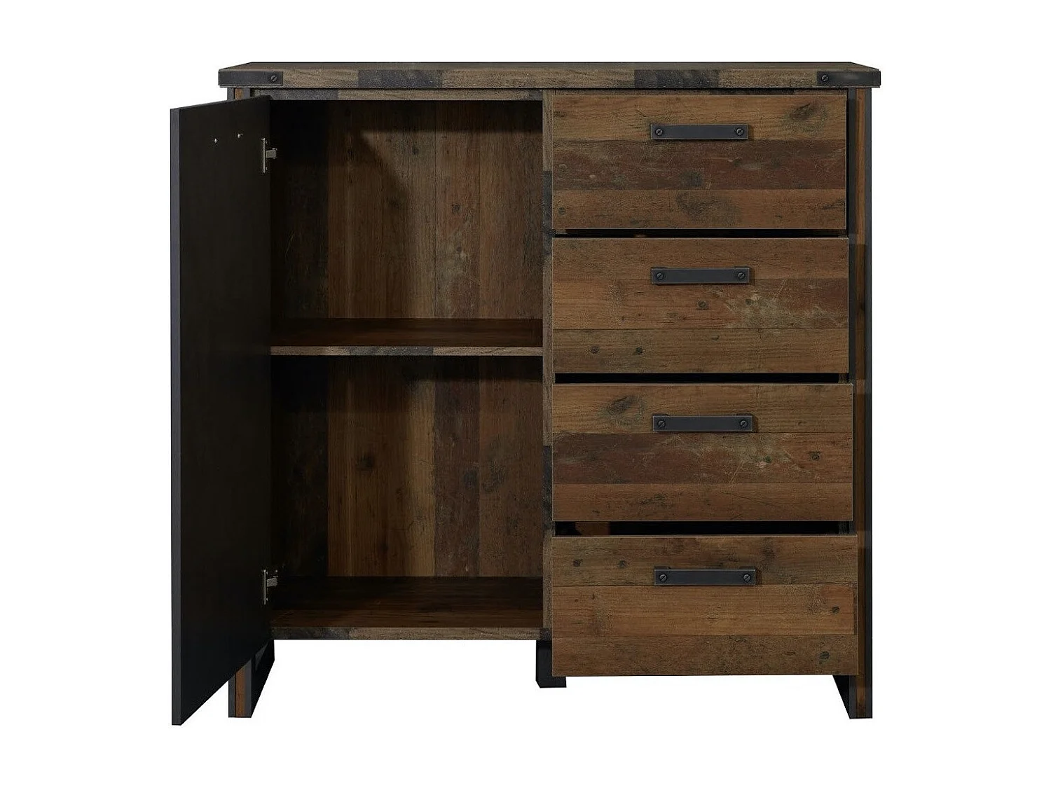 Vintage ladekast 1 deur 4 lades oud versleten en grijs hout met klinknagels