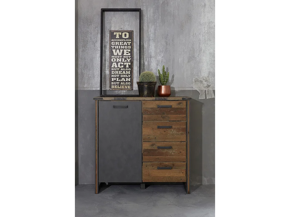 Vintage ladekast 1 deur 4 lades oud versleten en grijs hout met klinknagels