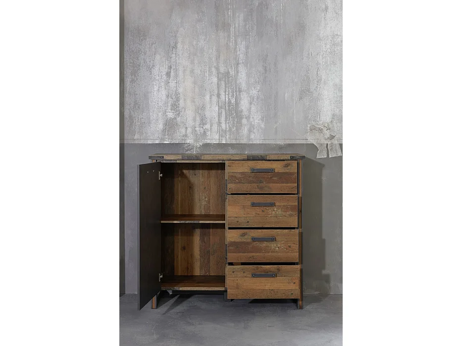 Vintage ladekast 1 deur 4 lades oud versleten en grijs hout met klinknagels