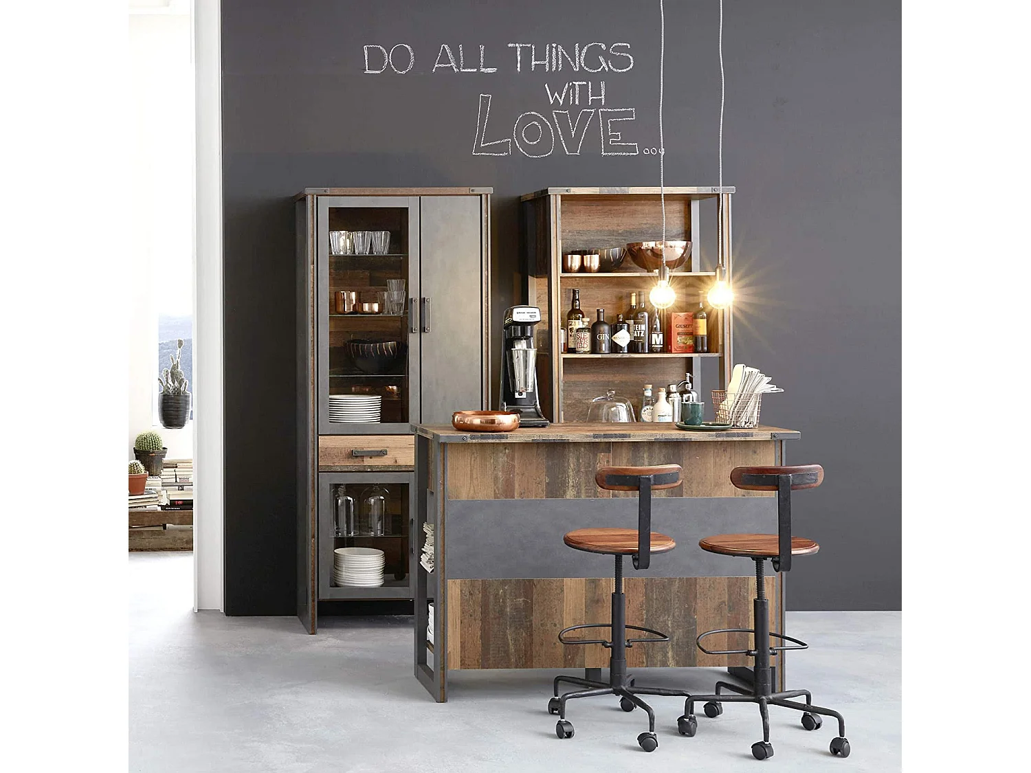 Comptoir de bar vintage vieux bois usé et gris avec rivets 160cm