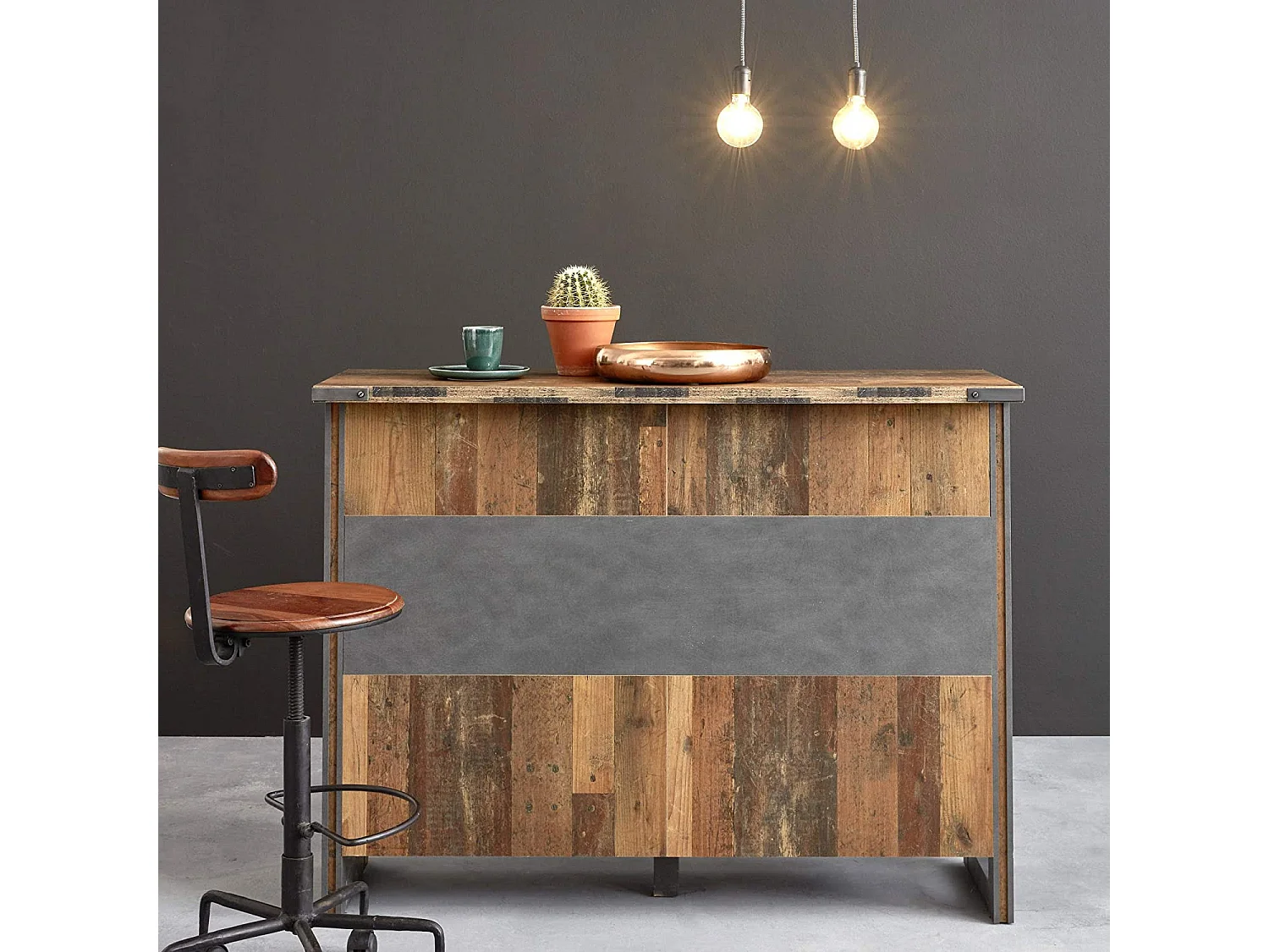 Comptoir de bar vintage vieux bois usé et gris avec rivets 160cm