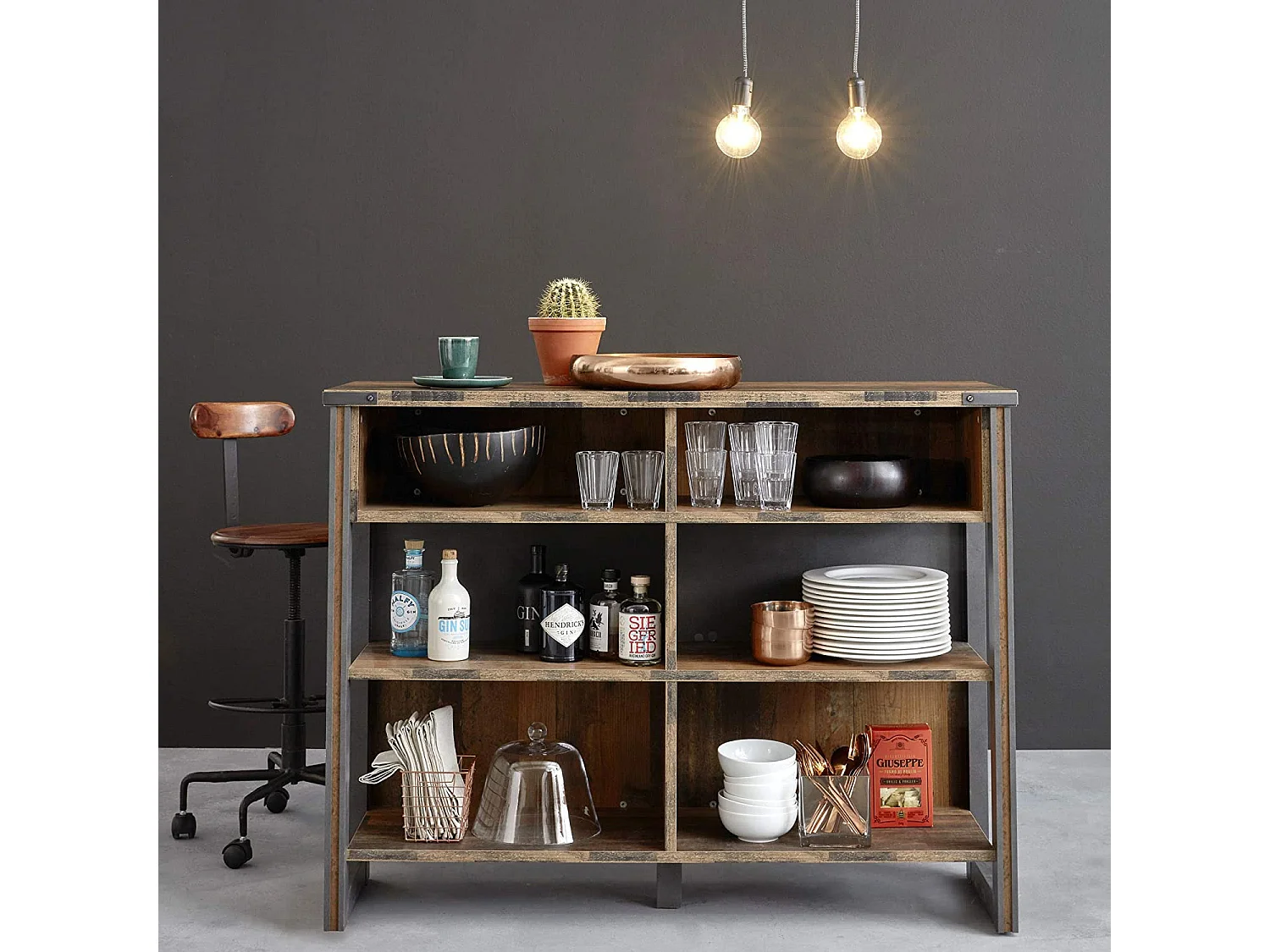 Comptoir de bar vintage vieux bois usé et gris avec rivets 160cm