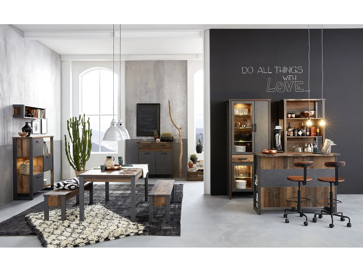 Comptoir de bar vintage vieux bois usé et gris avec rivets 160cm