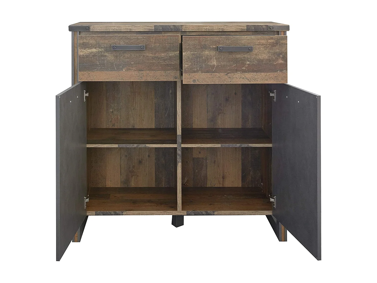 Commode vintage vieux bois usé et gris avec rivets