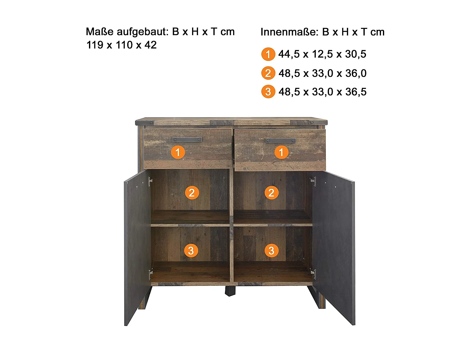 Commode vintage vieux bois usé et gris avec rivets