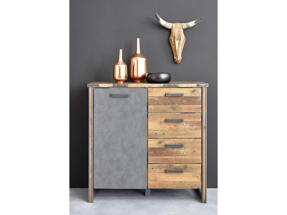 Commode vintage vieux bois usé et gris avec rivets