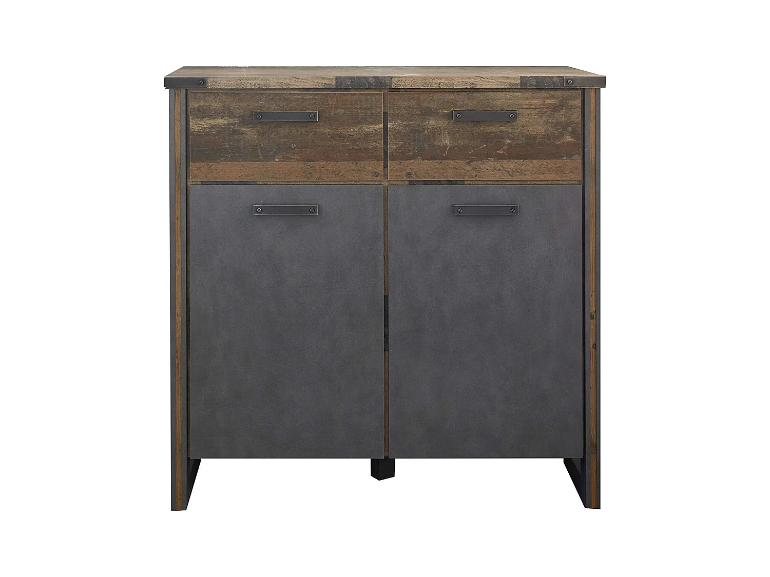 Commode vintage vieux bois usé et gris avec rivets