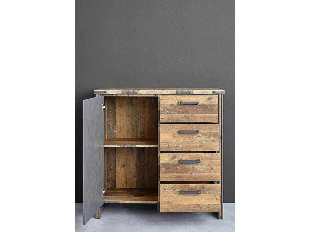 Commode vintage vieux bois usé et gris avec rivets