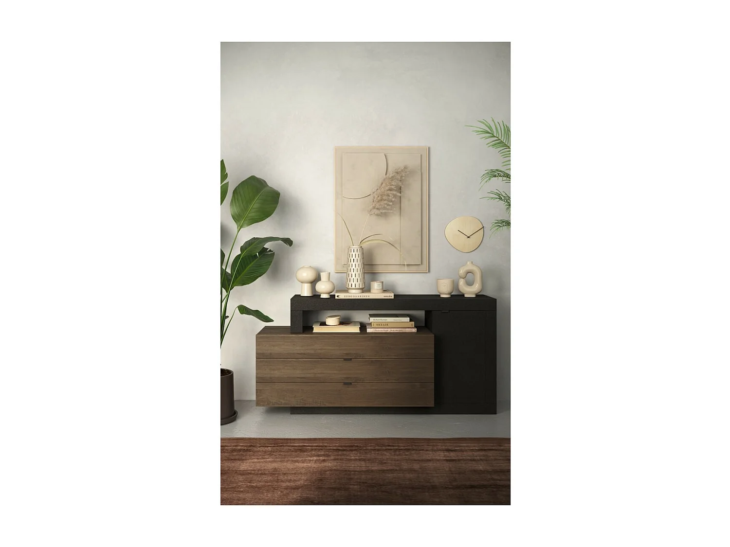 Buffet 1 porte 2 tiroirs, collection DOMI, effet béton/gris anthracite
