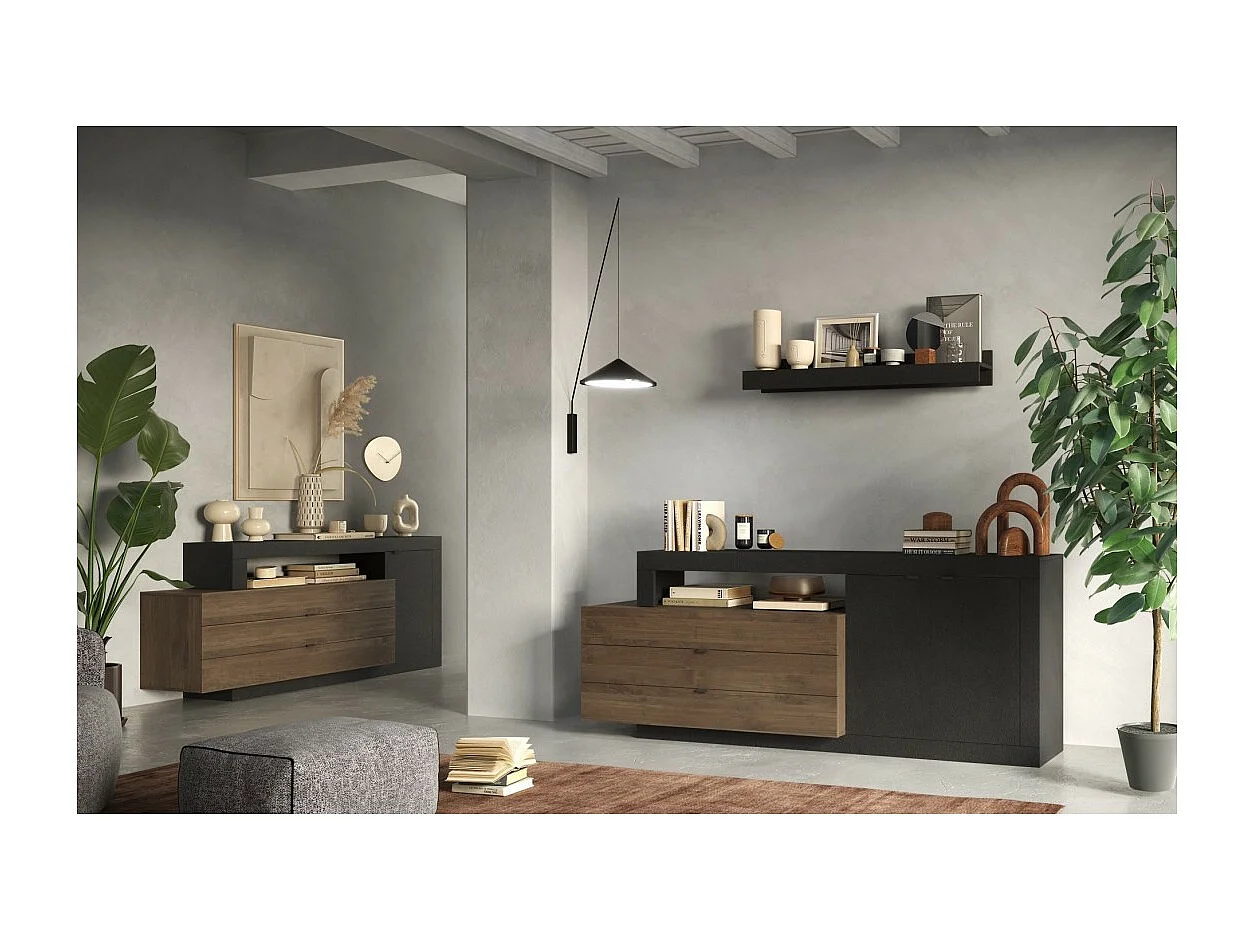 Buffet 1 porte 2 tiroirs, collection DOMI, effet béton/gris anthracite