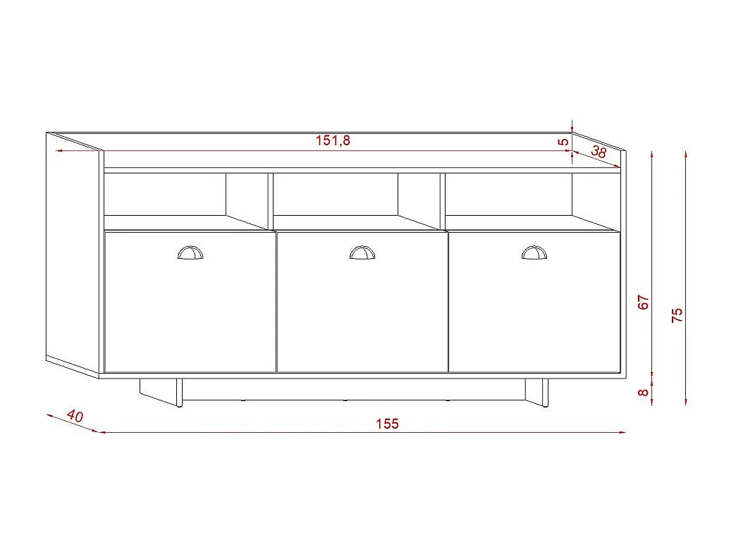 Buffet type designcollectie VICTORIA met 3 deuren, in mat witte kleur