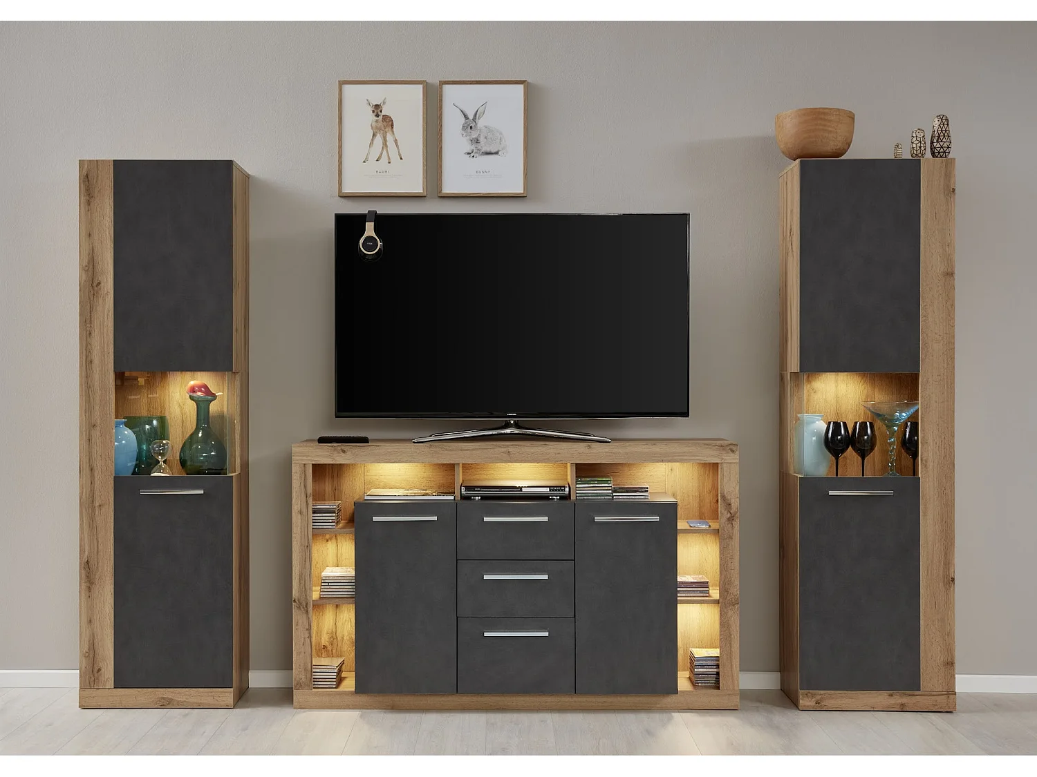 Meuble de rangement lumineuse chêne Wotan et gris Roska