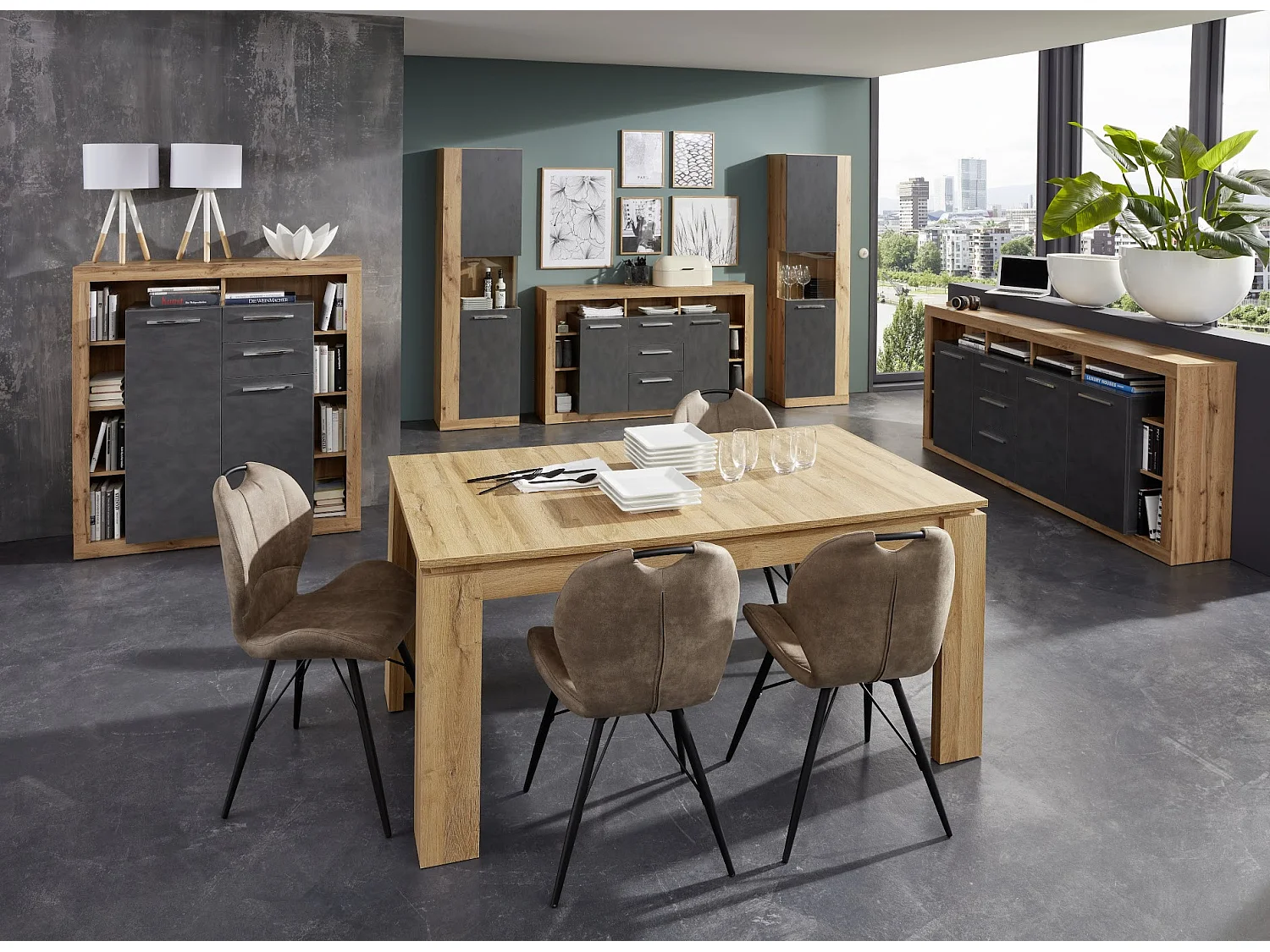 Meuble de rangement lumineuse chêne Wotan et gris Roska