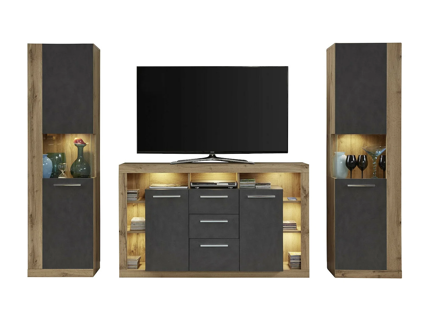 Meuble de rangement lumineuse chêne Wotan et gris Roska