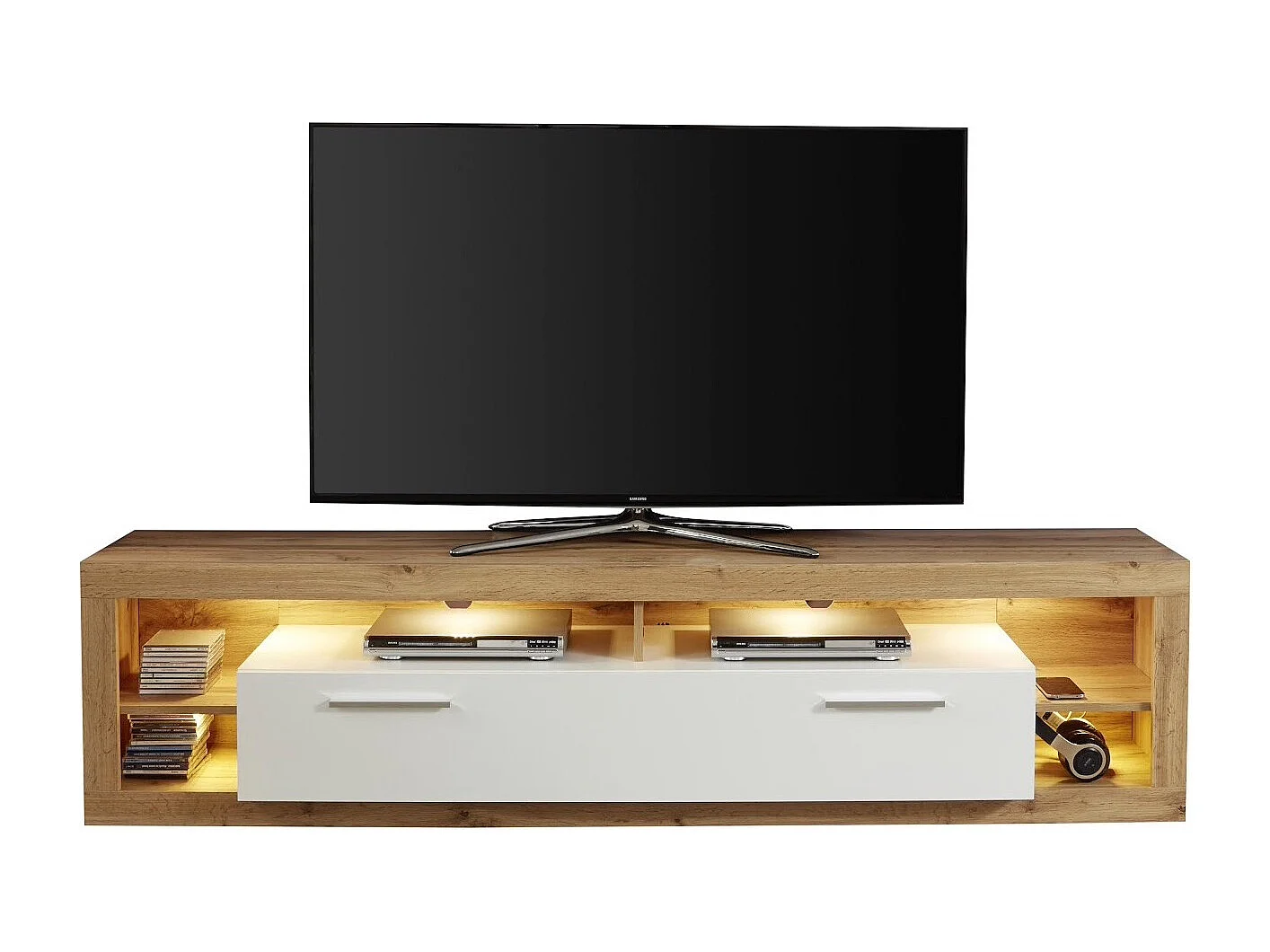 Banc TV lumineux chêne Wotan et blanc brillant Roska 200cm