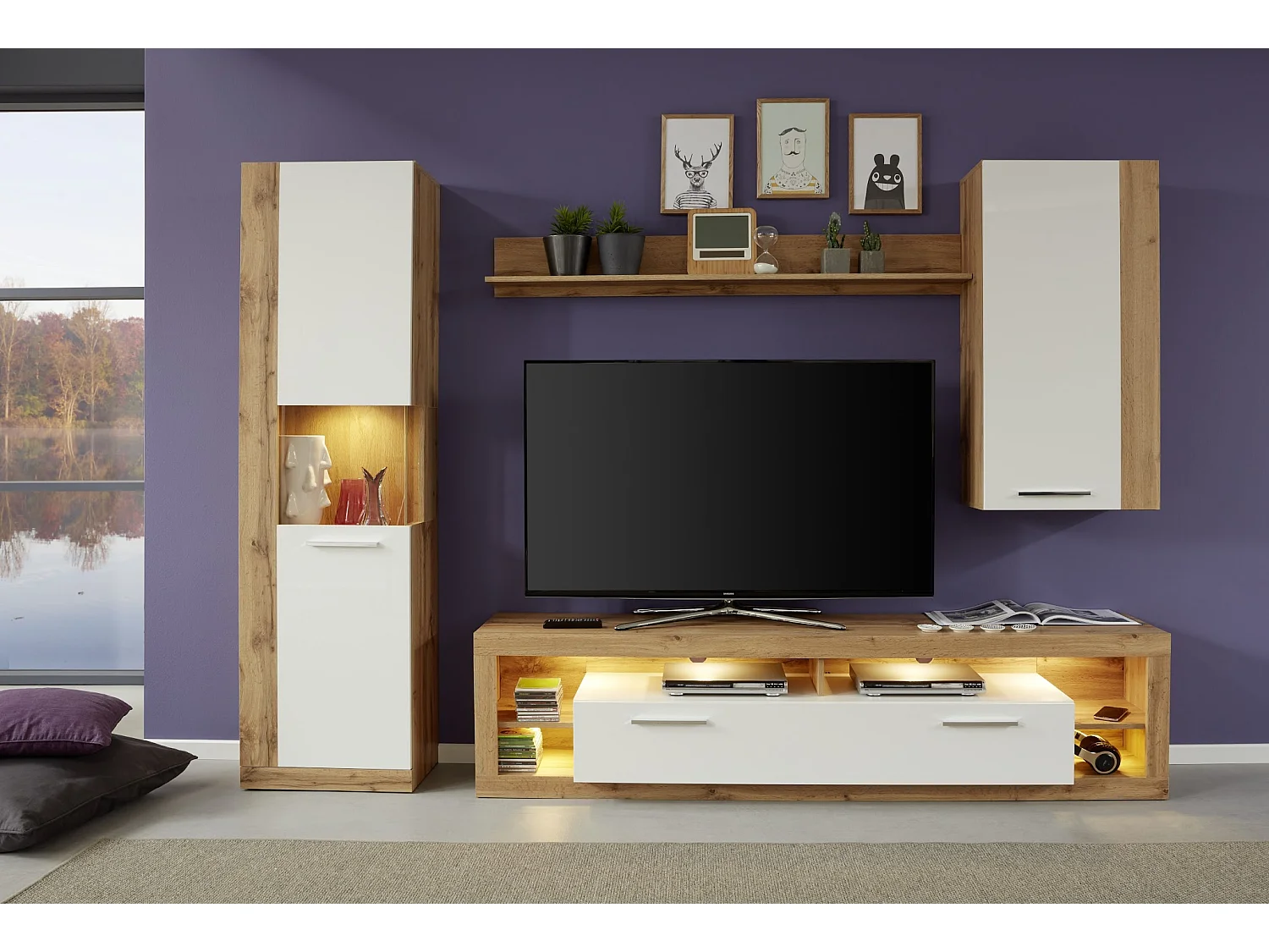 Banc TV lumineux chêne Wotan et blanc brillant Roska 200cm