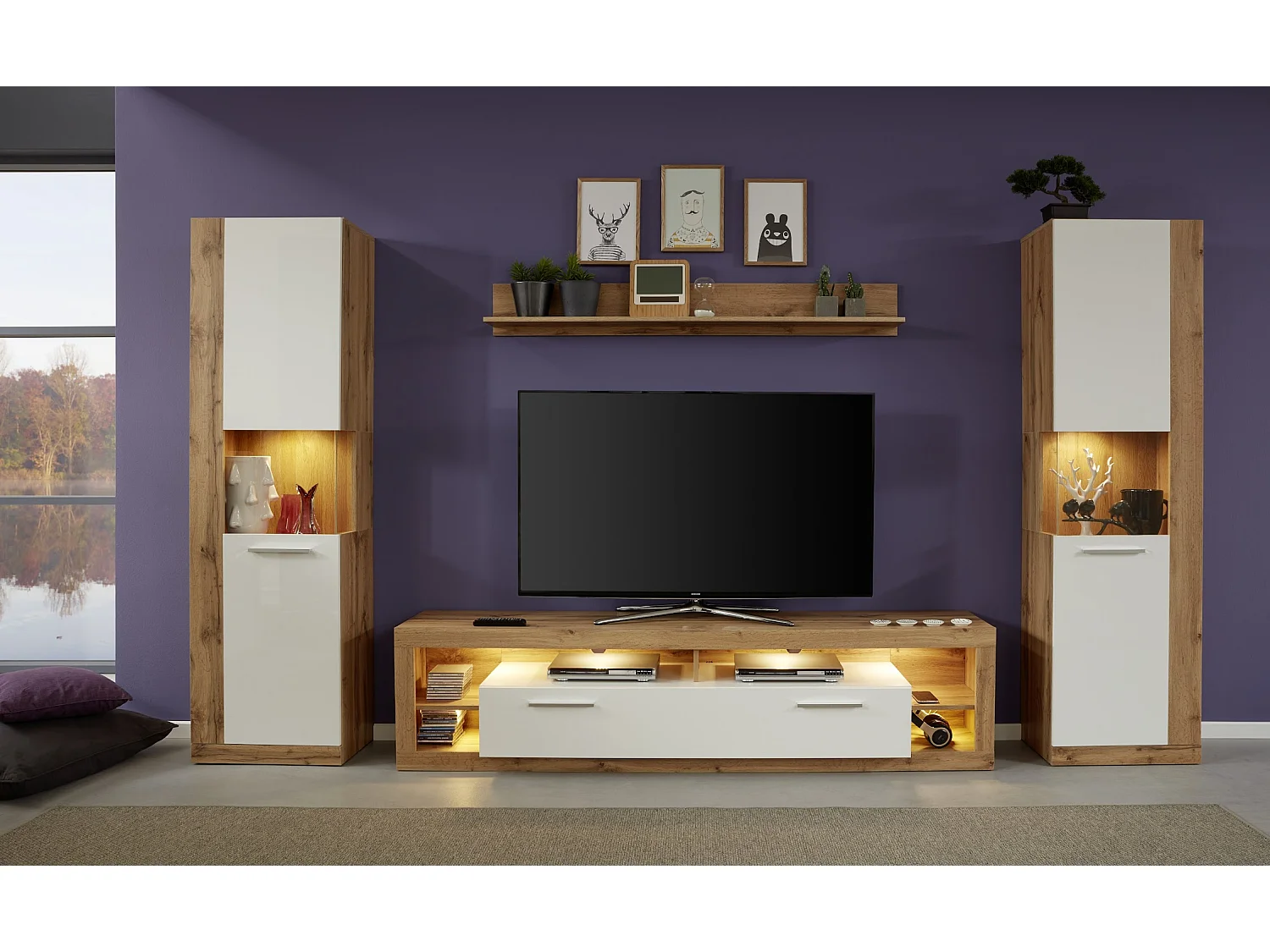 Banc TV lumineux chêne Wotan et blanc brillant Roska 200cm