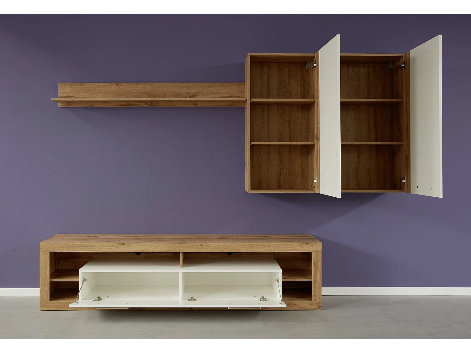 Banc TV lumineux chêne Wotan et blanc brillant Roska 200cm