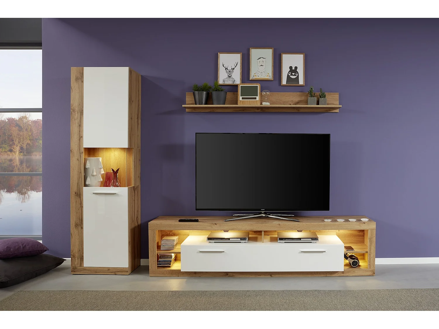 Banc TV lumineux chêne Wotan et blanc brillant Roska 200cm