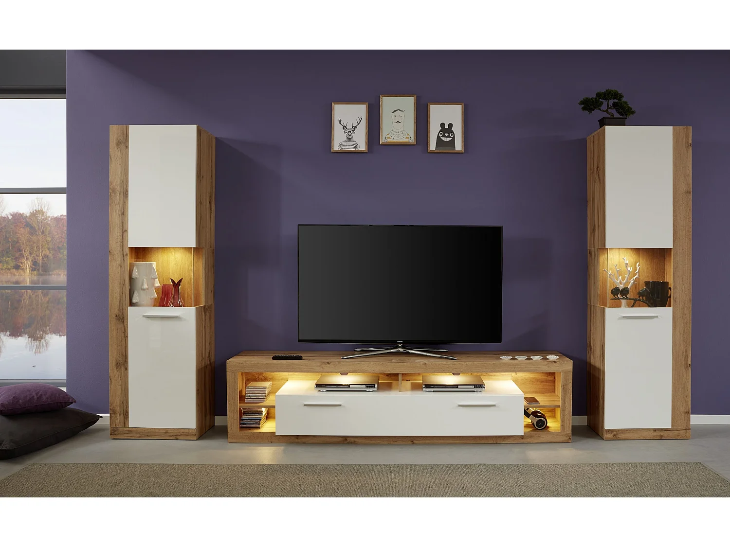 Banc TV lumineux chêne Wotan et blanc brillant Roska 200cm