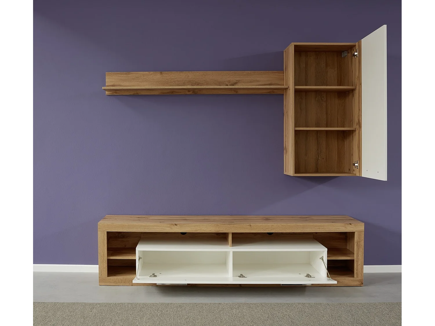 Banc TV lumineux chêne Wotan et blanc brillant Roska 200cm