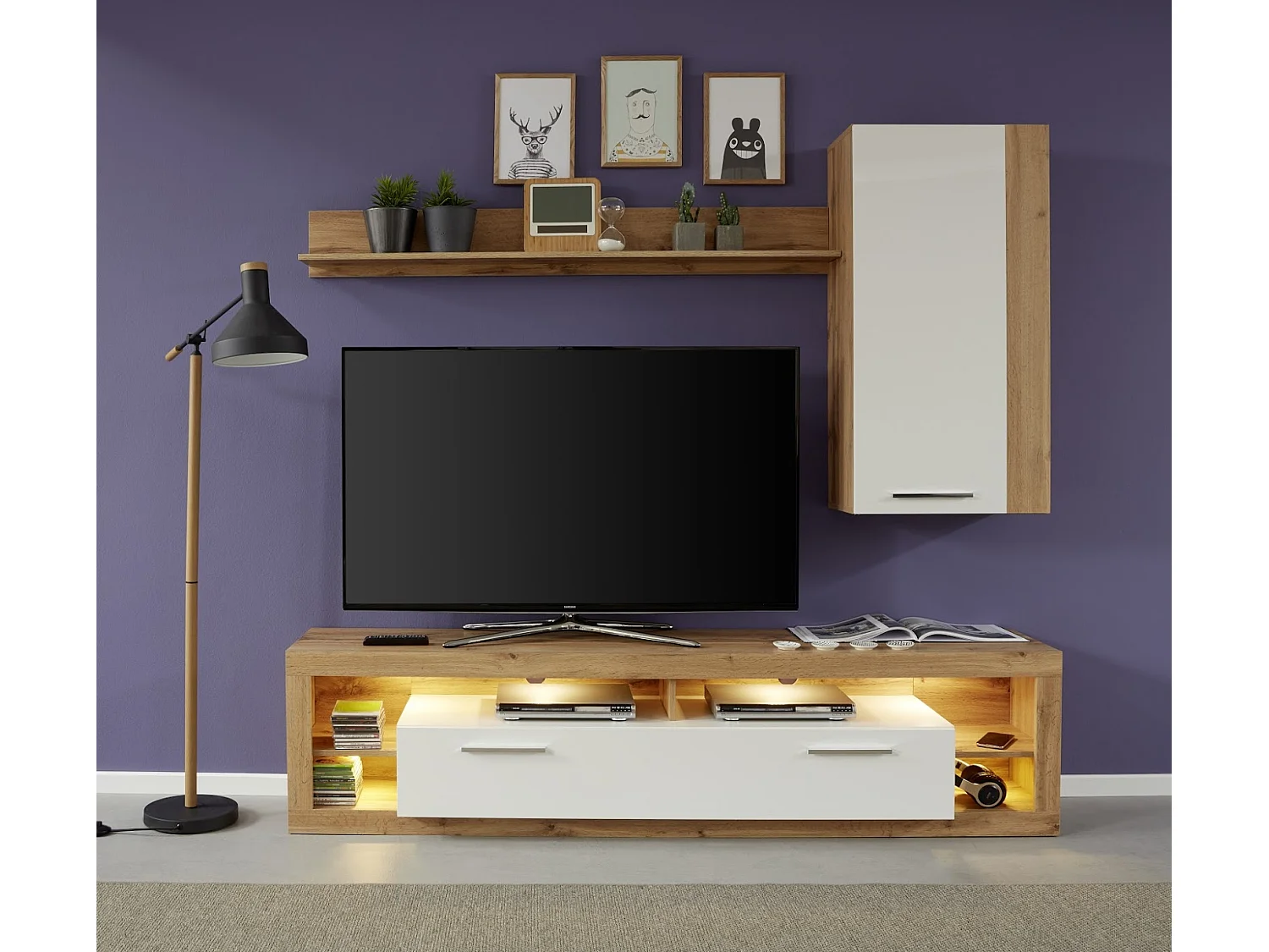Banc TV lumineux chêne Wotan et blanc brillant Roska 200cm