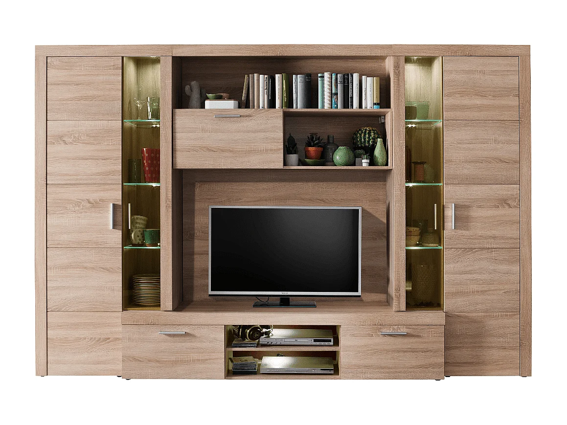 Grande composition TV avec éclairage décor chêne naturel L291 cm - MONDEO