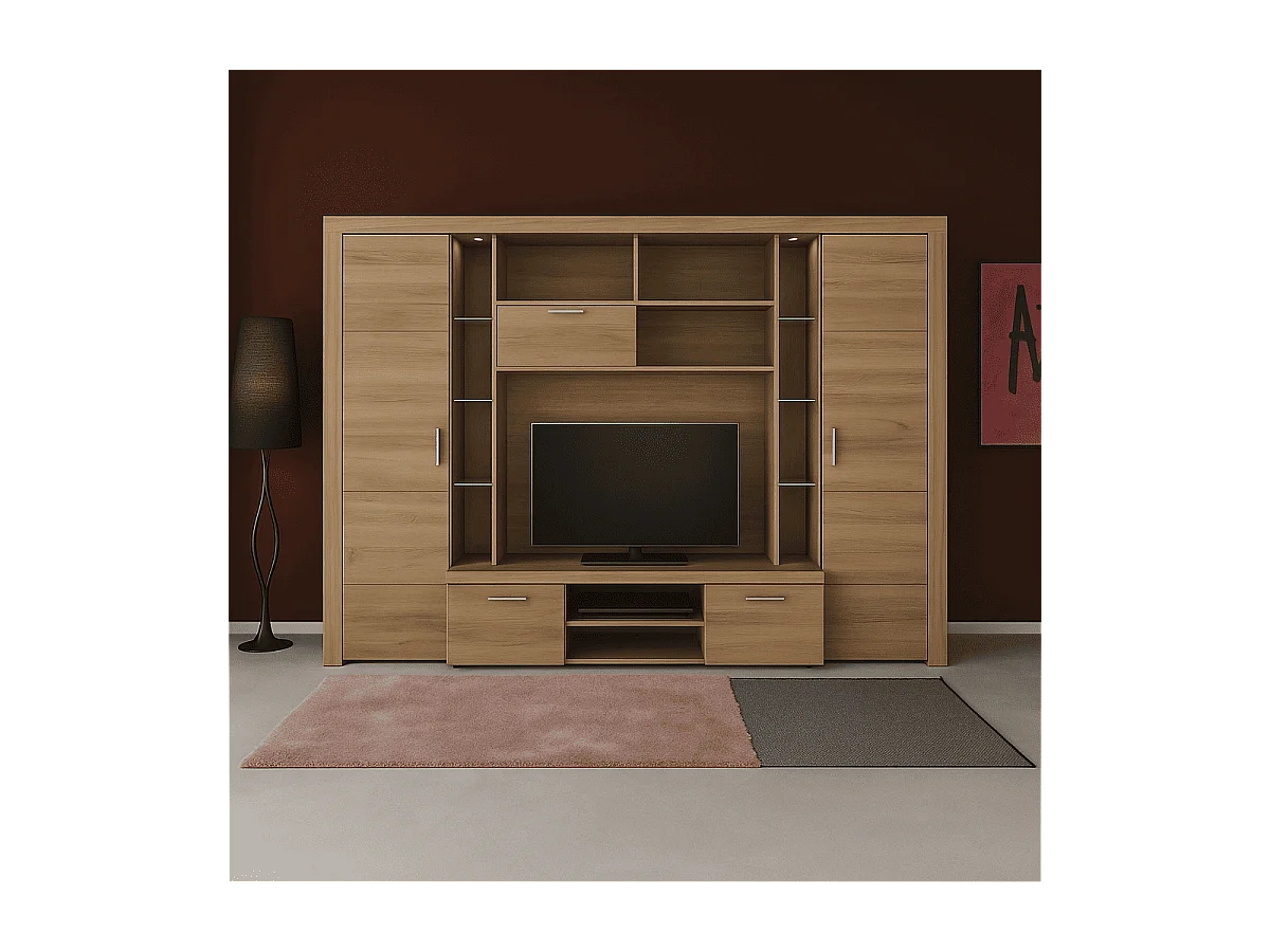 Grande composition TV avec éclairage décor chêne naturel L291 cm - MONDEO