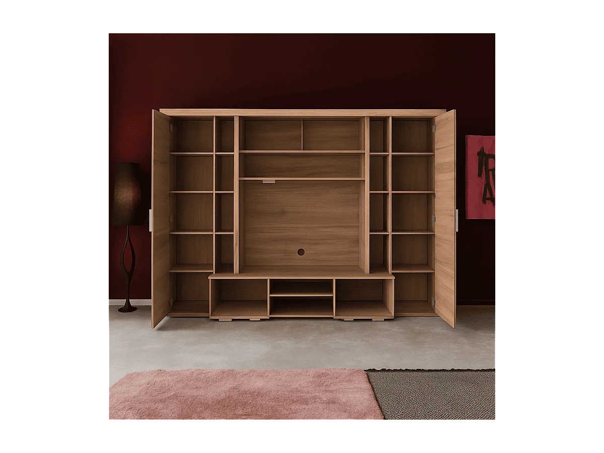 Grande composition TV avec éclairage décor chêne naturel L291 cm - MONDEO