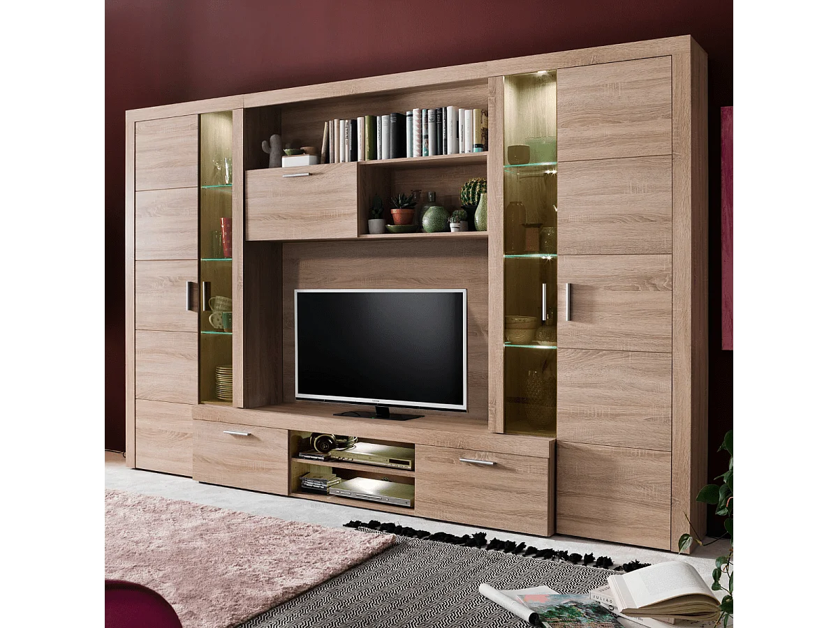 Grande composition TV avec éclairage décor chêne naturel L291 cm - MONDEO