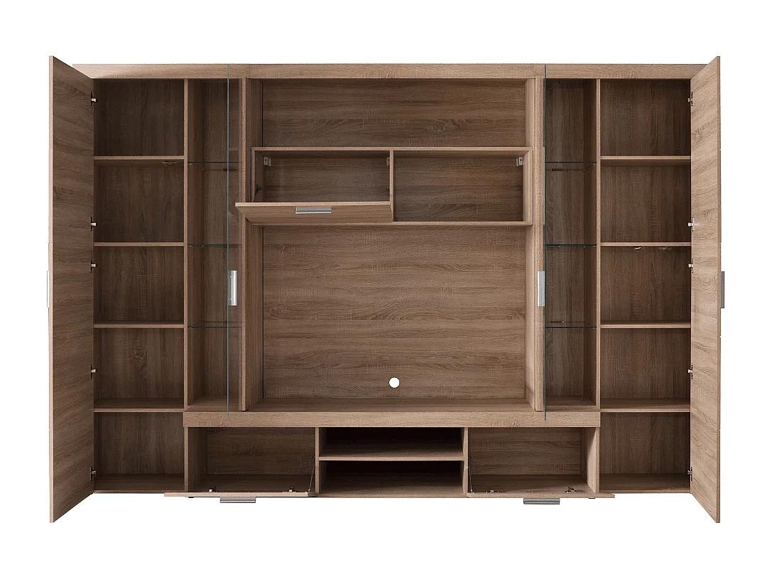 Grande composition TV avec éclairage décor chêne naturel L291 cm - MONDEO