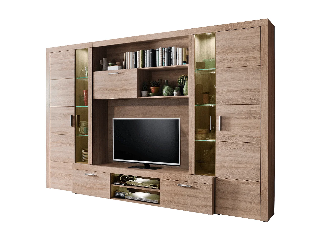 Grande composition TV avec éclairage décor chêne naturel L291 cm - MONDEO