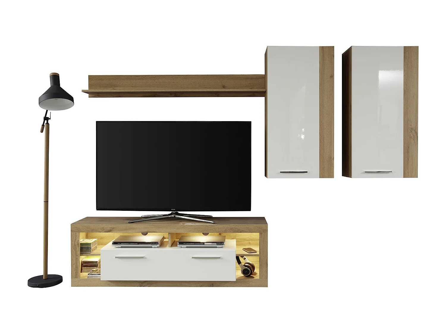 Meuble suspendu chêne Wotan et blanc brillant Roska