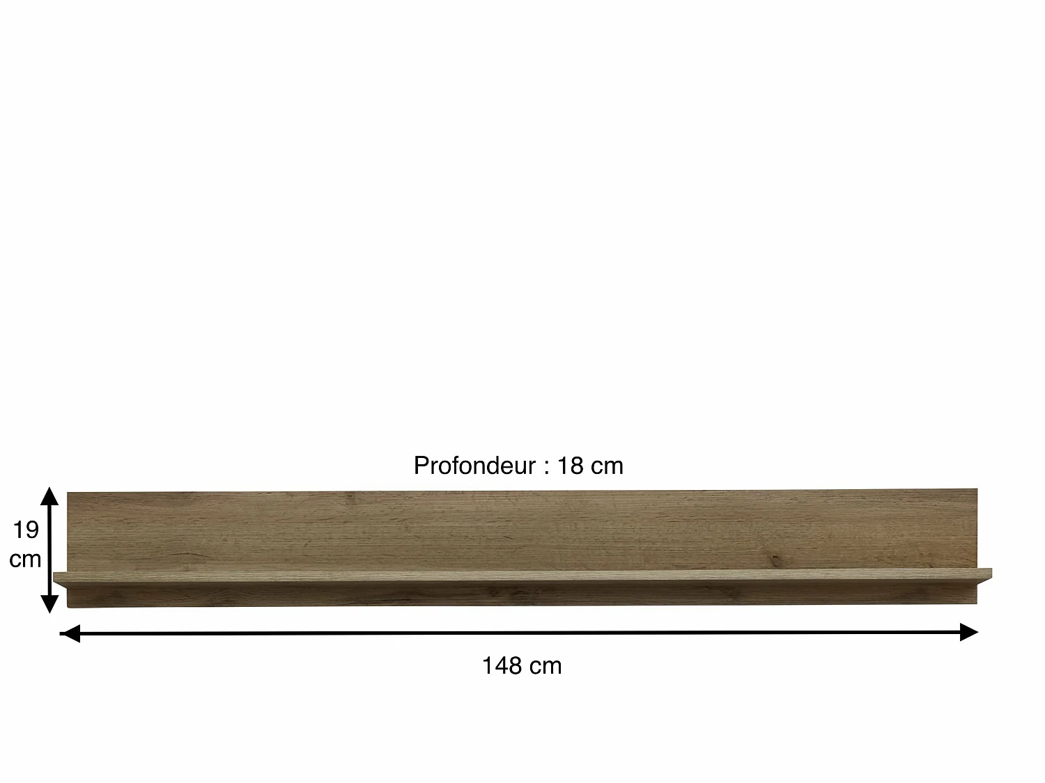 Meuble salon/séjour. Tablette murale en mélaminé bois clair. L-H-P : 148 - 19 - 18 cm