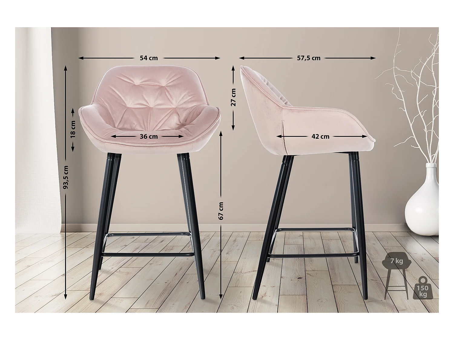 Tabouret de bar - Velours - Rose - Gibson
