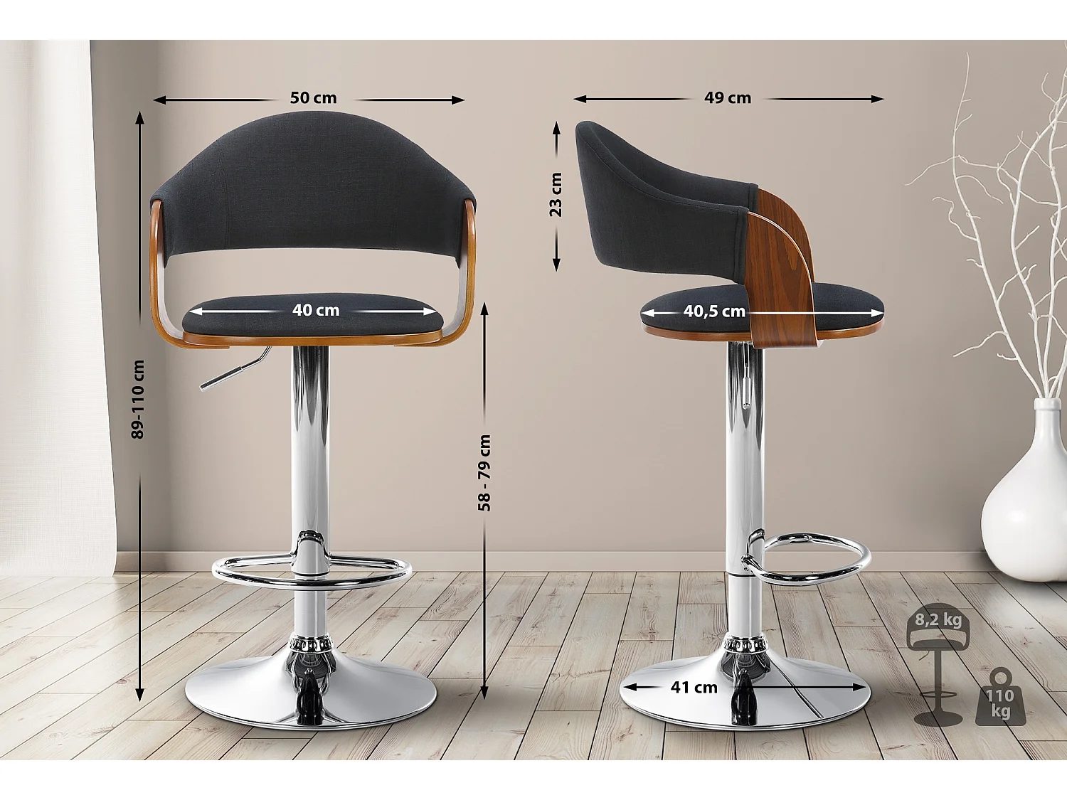 Tabouret de bar - Tissu & Chrome - Noyer / Noir - Nilse