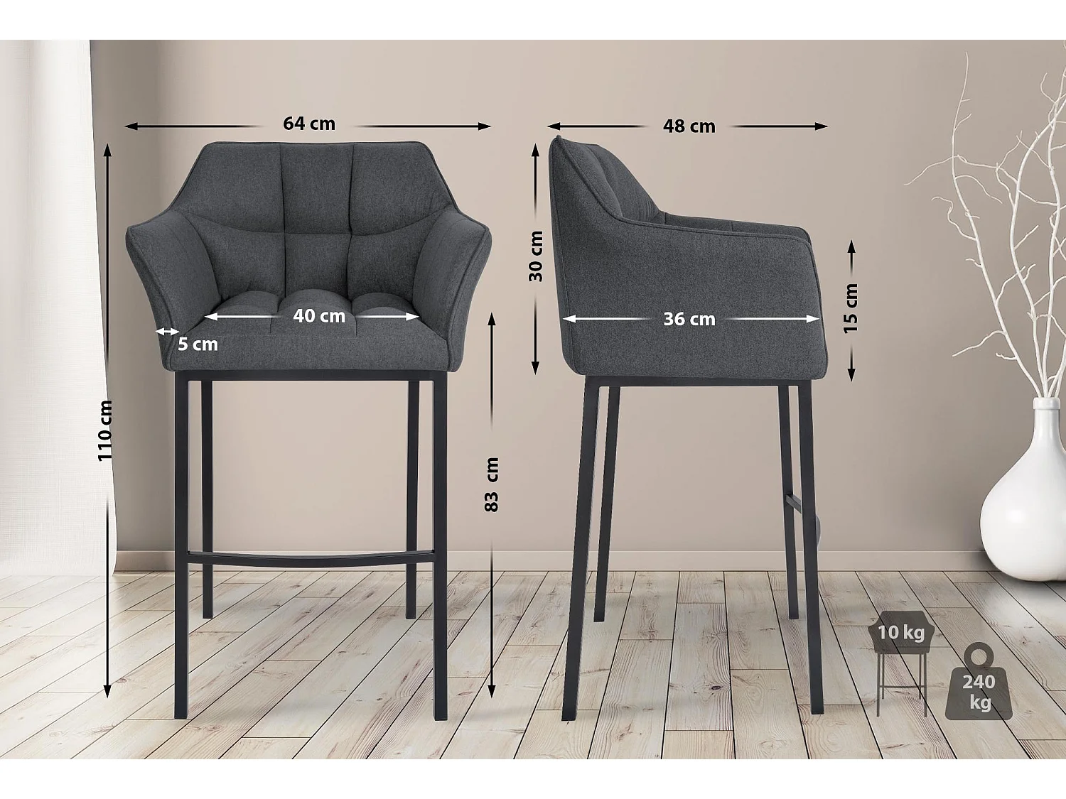 Tabouret de bar - Feutrine & Noir - Gris - Damaso
