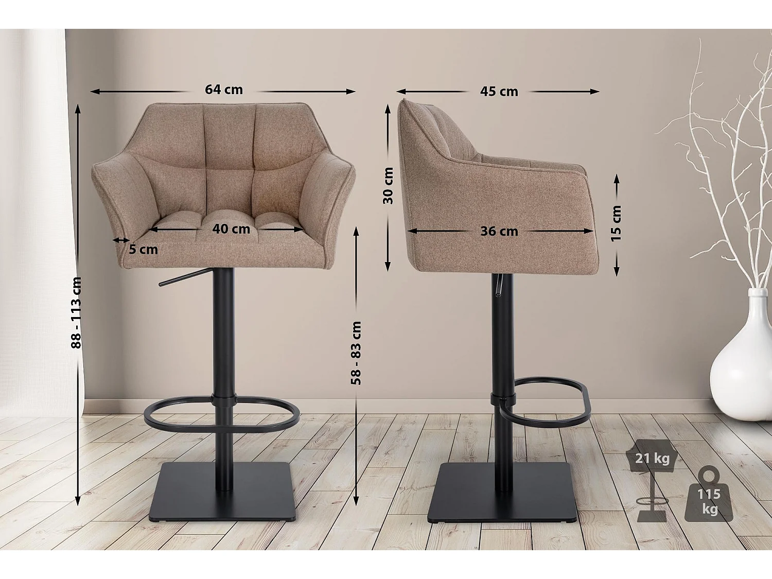 Tabouret de bar - Feutrine & Noir - Taupe - Damaso