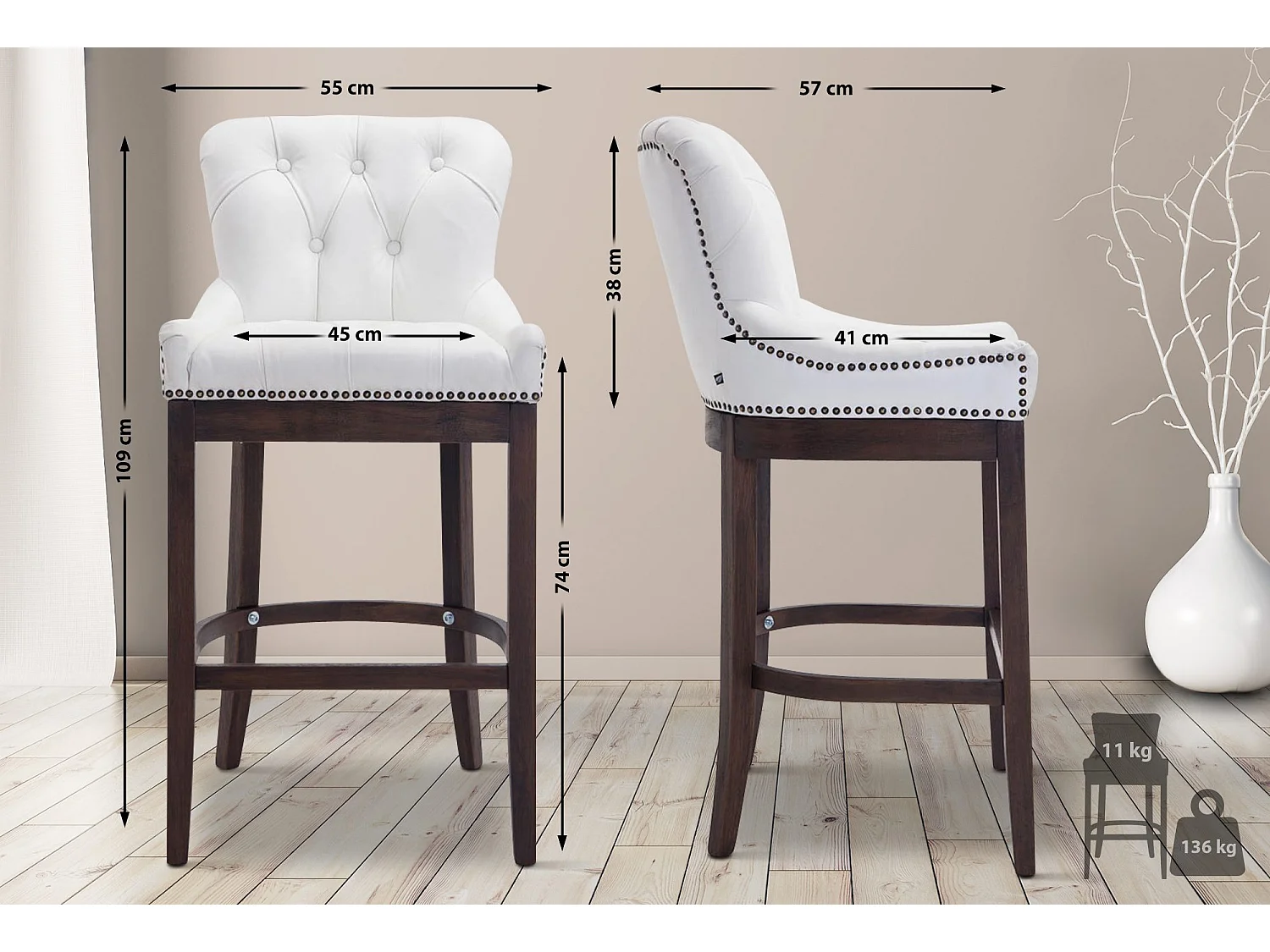 Tabouret de bar - Véritable cuir & Bois - Blanc - Lakewood